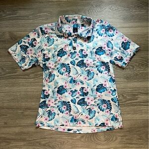 Con.struct Men’s White Blue Pink Hibiscus Palm Hawaiian Golf Polo Short Sleeve M